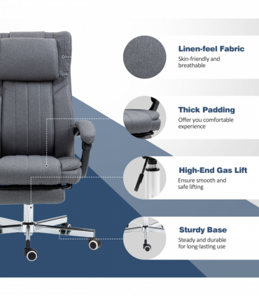 Office Chair Reclining with Headrest, Linen Dark Grey, 65W x 61D x 113Hcm