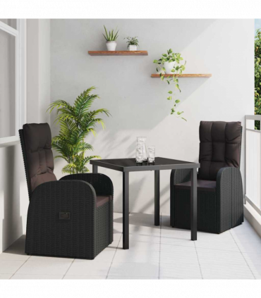 vidaXL Garden Dining Set with Cushion 3 pcs Black Poly rattan