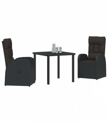 vidaXL Garden Dining Set with Cushion 3 pcs Black Poly rattan