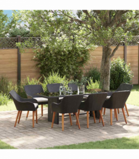 vidaXL Garden Dining Set with Cushion 9 pcs Black Poly Rattan