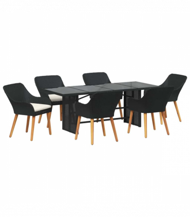 vidaXL Garden Dining Set with Cushion 7 pcs Black Poly Rattan