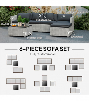 Outsunny 6 Pieces Rattan Furniture Set Garden Sofa Set Mixed Grey