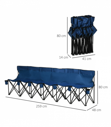 Outsunny 6 Seat Folding Bench Multi Deck Chair Cup Holder Camping Steel Blue