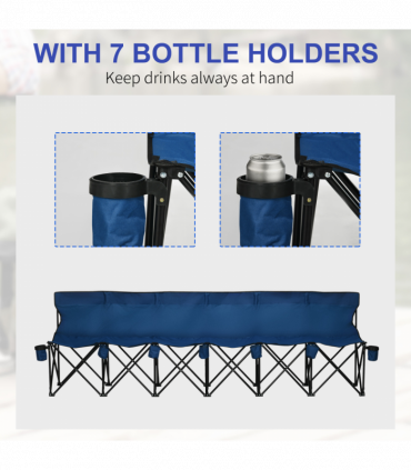 Outsunny 6 Seat Folding Bench Multi Deck Chair Cup Holder Camping Steel Blue