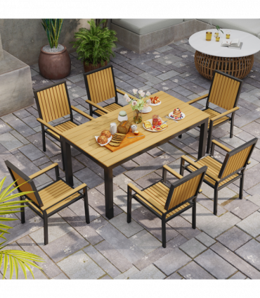 Outsunny 6 Seater Aluminium Garden Dining Set with Stackable Chairs, Natural