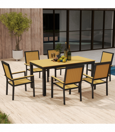 Outsunny 6 Seater Aluminium Garden Dining Set with Stackable Chairs, Natural