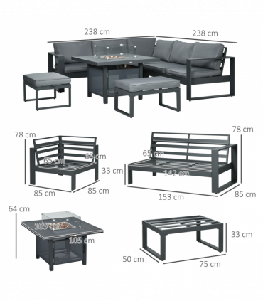 Outsunny 6-Piece Garden Furniture Set with Firepit Table Outdoor Sofa Aluminium