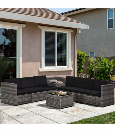Outsunny 6-Seater Rattan Sofa Furniture Set W/ Cushions, Steel Frame-Grey