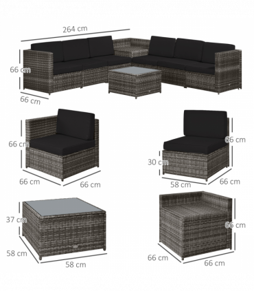 Outsunny 6-Seater Rattan Sofa Furniture Set W/ Cushions, Steel Frame-Grey