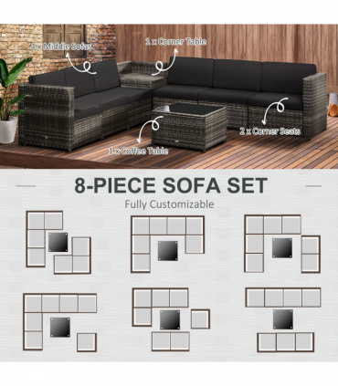 Outsunny 6-Seater Rattan Sofa Furniture Set W/ Cushions, Steel Frame-Grey