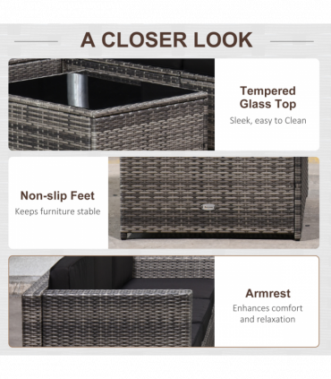 Outsunny 6-Seater Rattan Sofa Furniture Set W/ Cushions, Steel Frame-Grey