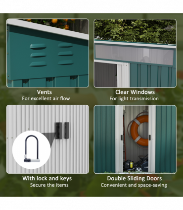Outsunny 6.5x4FT Garden Shed with Foundation Lockable Metal Tool Shed Green