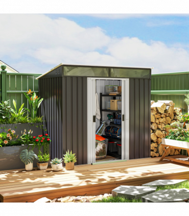 Outsunny 6.5x4FT Garden Shed with Foundation Lockable Metal Tool Shed Grey