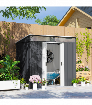 Outsunny 6.5x4FT Garden Shed with Foundation Lockable Metal Tool Shed Grey