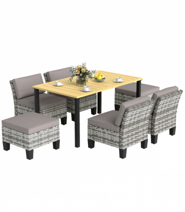 Outsunny 7 PCS Rattan Garden Dining Set with Cushions, Umbrella Hole, Grey