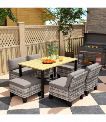 Outsunny 7 PCS Rattan Garden Dining Set with Cushions, Umbrella Hole, Grey