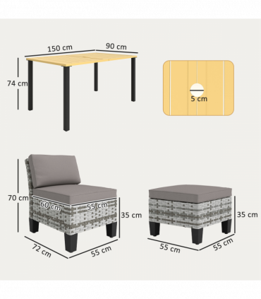 Outsunny 7 PCS Rattan Garden Dining Set with Cushions, Umbrella Hole, Grey