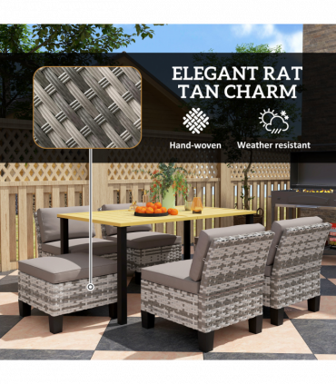 Outsunny 7 PCS Rattan Garden Dining Set with Cushions, Umbrella Hole, Grey