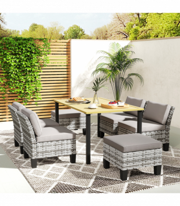 Outsunny 7 PCS Rattan Garden Dining Set with Cushions, Umbrella Hole, Grey
