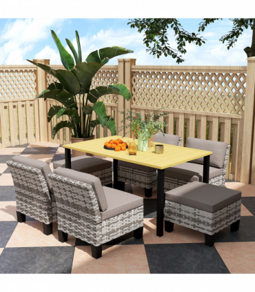 Outsunny 7 PCS Rattan Garden Dining Set with Cushions, Umbrella Hole, Grey