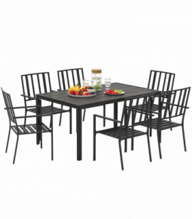 Outsunny 7 PCs Garden Dining Set w/ Stackable Chairs and Metal Top Table, Black