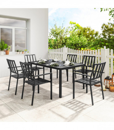 Outsunny 7 PCs Garden Dining Set w/ Stackable Chairs and Metal Top Table, Black