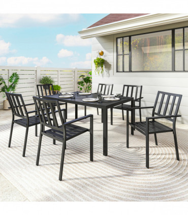 Outsunny 7 PCs Garden Dining Set w/ Stackable Chairs and Metal Top Table, Black