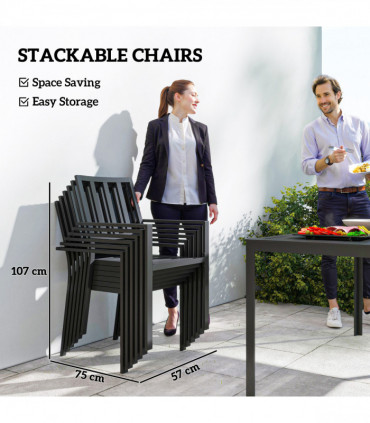Outsunny 7 PCs Garden Dining Set w/ Stackable Chairs and Metal Top Table, Black