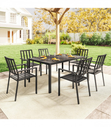 Outsunny 7 PCs Garden Dining Set w/ Stackable Chairs and Metal Top Table, Black