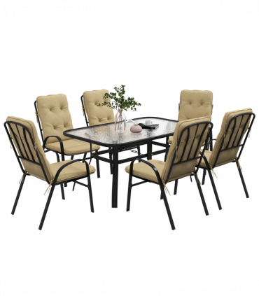 Outsunny 7 PCs Garden Dining Set, Glass Table w/ Umbrella Hole & Cushion, Beige