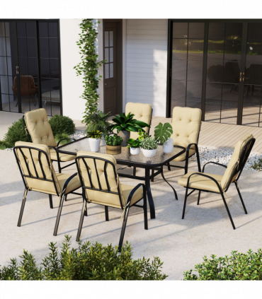 Outsunny 7 PCs Garden Dining Set, Glass Table w/ Umbrella Hole & Cushion, Beige