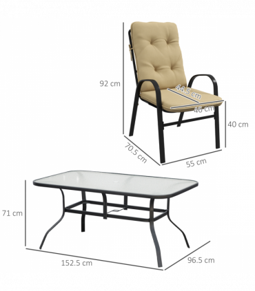 Outsunny 7 PCs Garden Dining Set, Glass Table w/ Umbrella Hole & Cushion, Beige