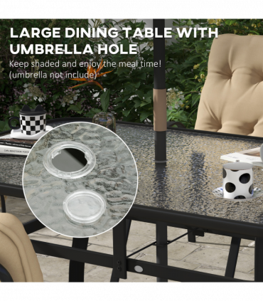 Outsunny 7 PCs Garden Dining Set, Glass Table w/ Umbrella Hole & Cushion, Beige