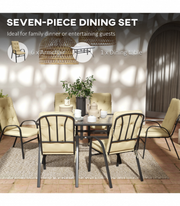 Outsunny 7 PCs Garden Dining Set, Glass Table w/ Umbrella Hole & Cushion, Beige