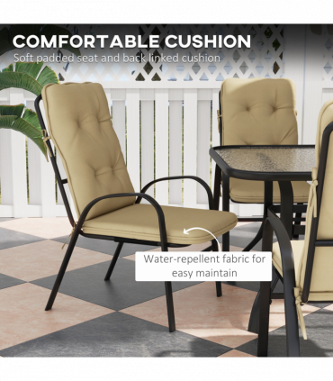 Outsunny 7 PCs Garden Dining Set, Glass Table w/ Umbrella Hole & Cushion, Beige