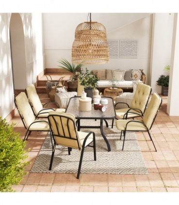 Outsunny 7 PCs Garden Dining Set, Glass Table w/ Umbrella Hole & Cushion, Beige