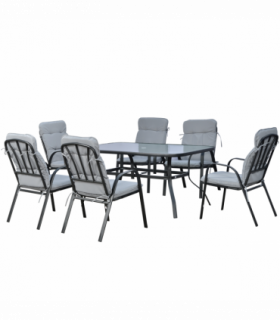 Outsunny 7 PCs Garden Dining Set, Glass Table w/ Umbrella Hole & Cushion, Black