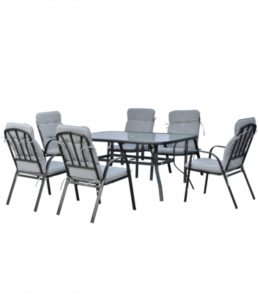 Outsunny 7 PCs Garden Dining Set, Glass Table w/ Umbrella Hole & Cushion, Black
