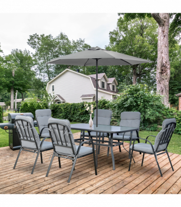 Outsunny 7 PCs Garden Dining Set, Glass Table w/ Umbrella Hole & Cushion, Black