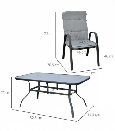 Outsunny 7 PCs Garden Dining Set, Glass Table w/ Umbrella Hole & Cushion, Black