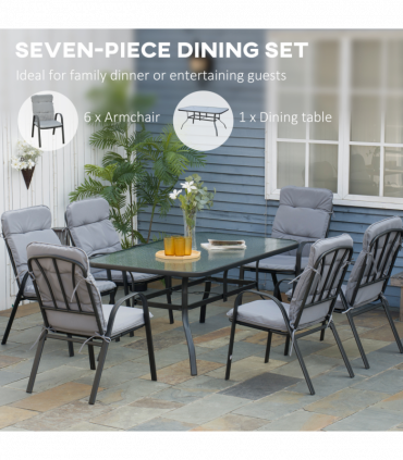 Outsunny 7 PCs Garden Dining Set, Glass Table w/ Umbrella Hole & Cushion, Black