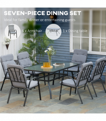 Outsunny 7 PCs Garden Dining Set, Glass Table w/ Umbrella Hole & Cushion, Black