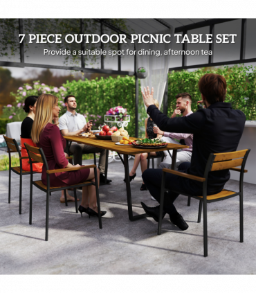 Outsunny 7 Piece Garden Dining Set with Table and 6 Stackable Chairs, Brown
