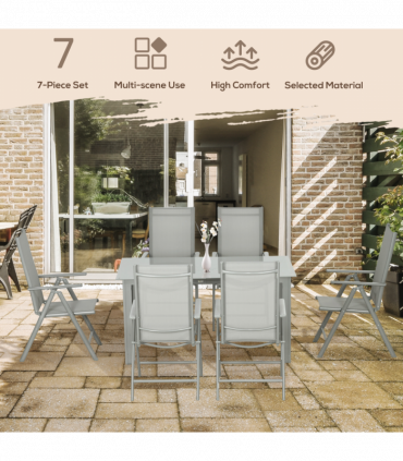 Outsunny 7 Piece Garden Dining Set, Outdoor Table and 6 Chair, Aluminium, Grey