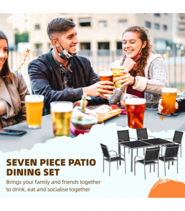 Outsunny 7 Piece Garden Dining Set, Steel Outdoor Table and Chairs, Black