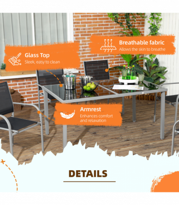 Outsunny 7 Piece Garden Dining Set, Steel Outdoor Table and Chairs, Black