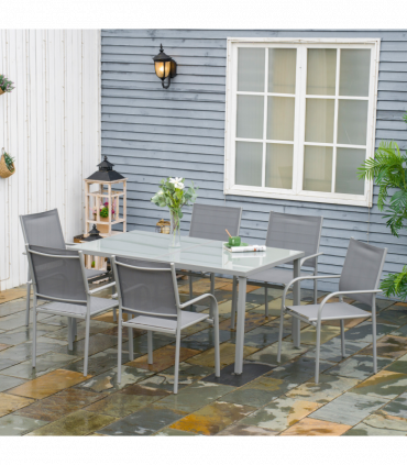 Outsunny 7 Piece Garden Dining Set, Steel Outdoor Table and Chairs, Grey