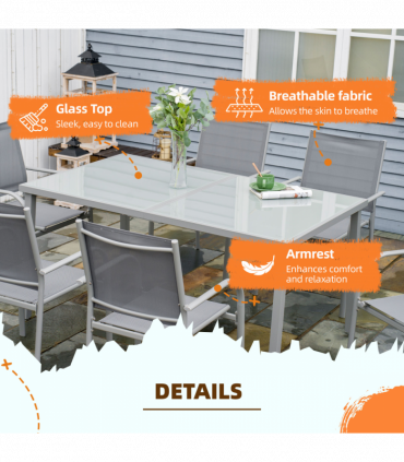 Outsunny 7 Piece Garden Dining Set, Steel Outdoor Table and Chairs, Grey
