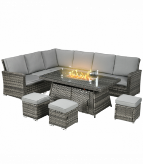 Outsunny 7 Pieces Rattan Garden Furniture Set w/ 50,000 BTU Gas Fire Pit Table