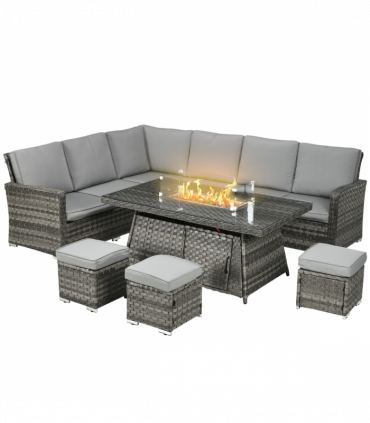 Outsunny 7 Pieces Rattan Garden Furniture Set w/ 50,000 BTU Gas Fire Pit Table